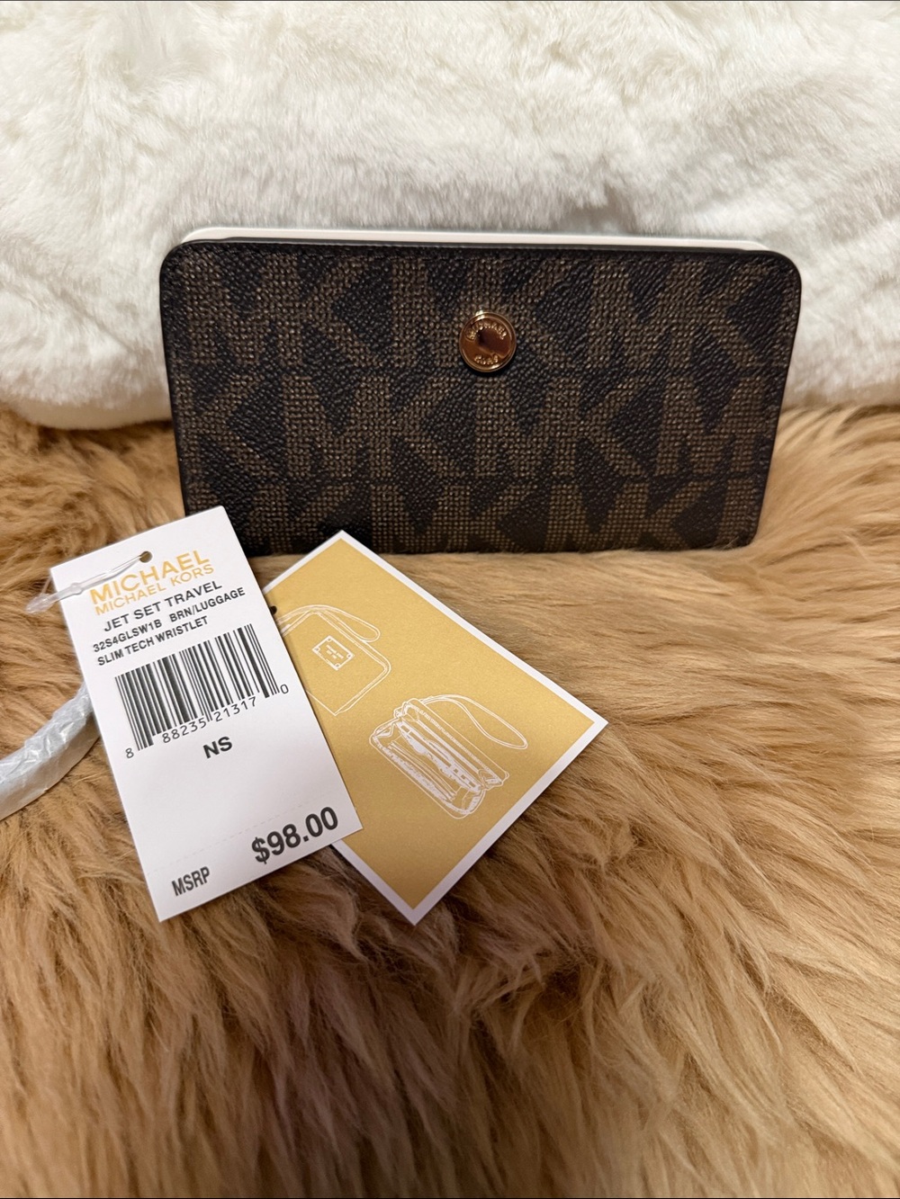 Michael Kors Brown Signature MK Zip Wristlet with Gold Accent
